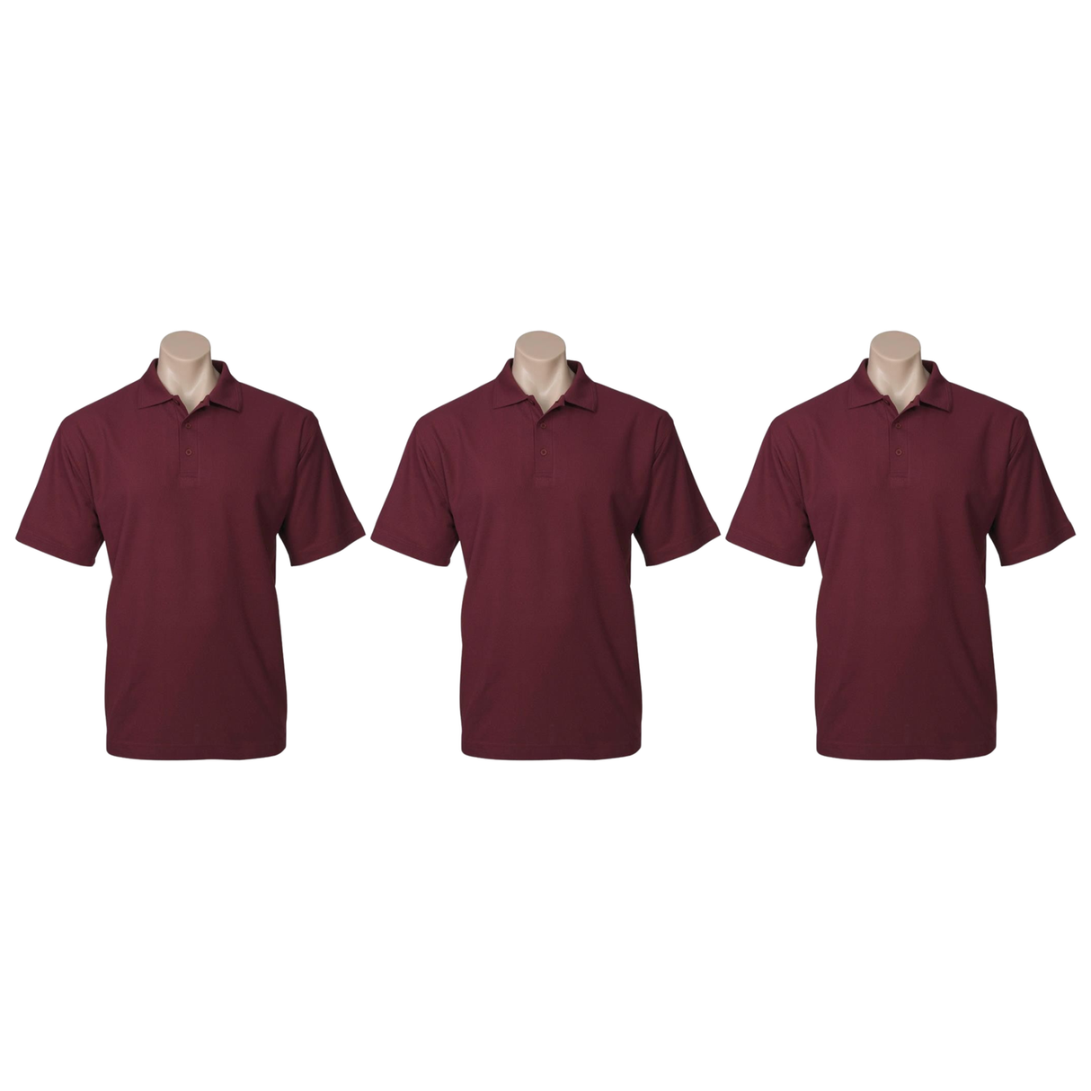 3x Mens Plain Short Sleeve Polo Shirt Pack - Burgundy (Pique Knit UPF Casual T-Shirt)