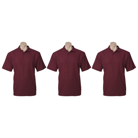 3x Mens Plain Short Sleeve Polo Shirt Pack - Burgundy (Pique Knit UPF Casual T-Shirt)