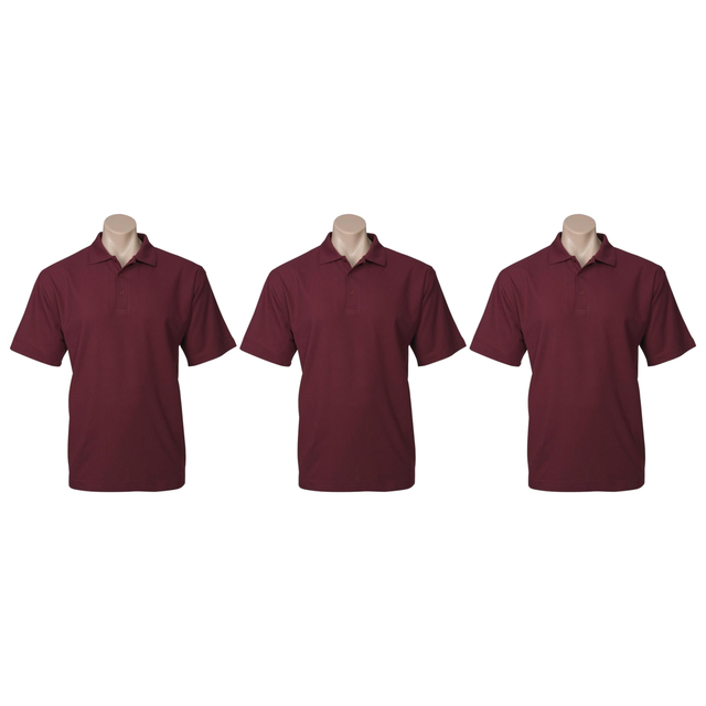 3x Mens Plain Short Sleeve Polo Shirt Pack - Burgundy (Pique Knit UPF Casual T-Shirt)