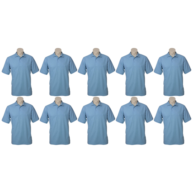 10x Mens Plain Short Sleeve Polo Shirt Bulk Pack - Sky Blue (Pique Knit Casual T-Shirt)