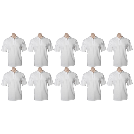 10x Mens Plain Short Sleeve Polo Shirt Bulk Pack - White - Medium (Pique Knit UPF Casual T-Shirt)