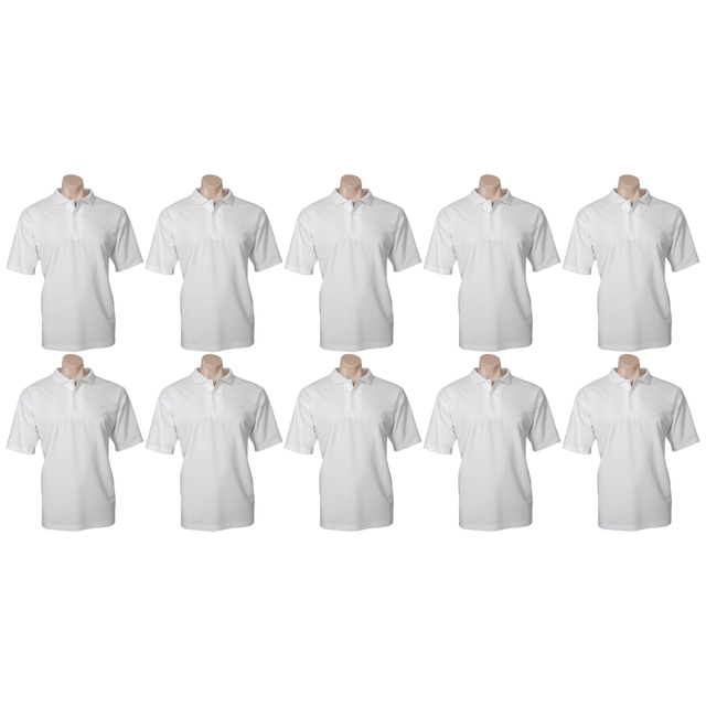 10x Mens Plain Short Sleeve Polo Shirt Bulk Pack - White - Medium (Pique Knit UPF Casual T-Shirt)