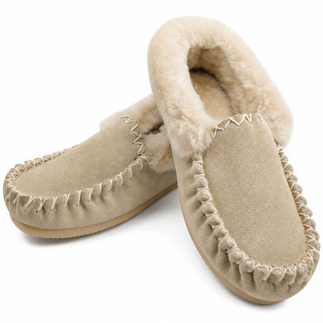 Sheepskin Merino Wool Moccasins - Beige/Sand (Slip On Closed Slippers for Winter)
