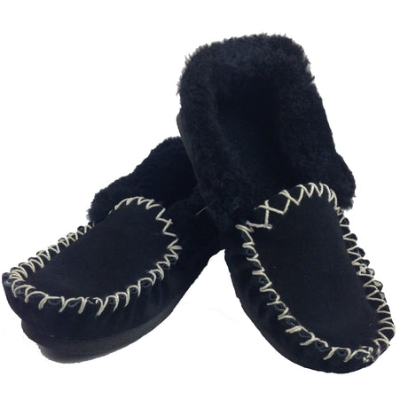 Sheepskin Merino Wool Moccasins - Black (Slip On Closed Slippers for Winter)