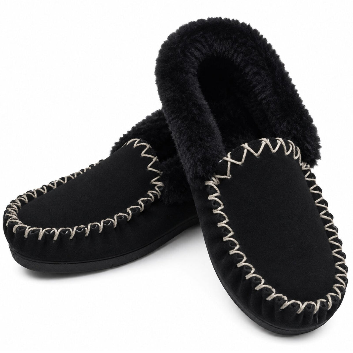 Sheepskin Merino Wool Moccasins - Black (Slip On Closed Slippers for Winter)