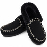 Sheepskin Merino Wool Moccasins - Black (Slip On Closed Slippers for Winter)