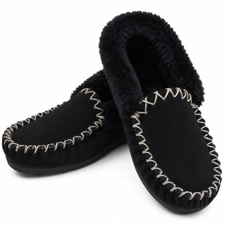 Sheepskin Merino Wool Moccasins - Black (Slip On Closed Slippers for Winter)