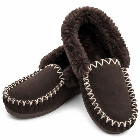 Sheepskin Merino Wool Moccasins - Chocolate Brown (Slip On Closed Slippers for Winter)