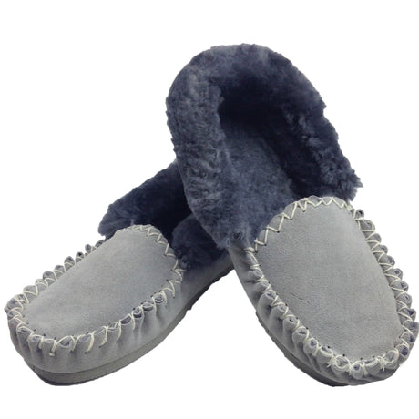 Sheepskin Merino Wool Moccasins - Grey (Slip On Closed Slippers for Winter)