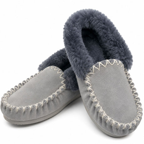 Sheepskin Merino Wool Moccasins - Grey (Slip On Closed Slippers for Winter)