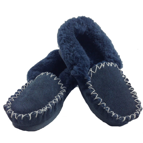 Sheepskin Merino Wool Moccasins - Navy (Slip On Closed Slippers for Winter)