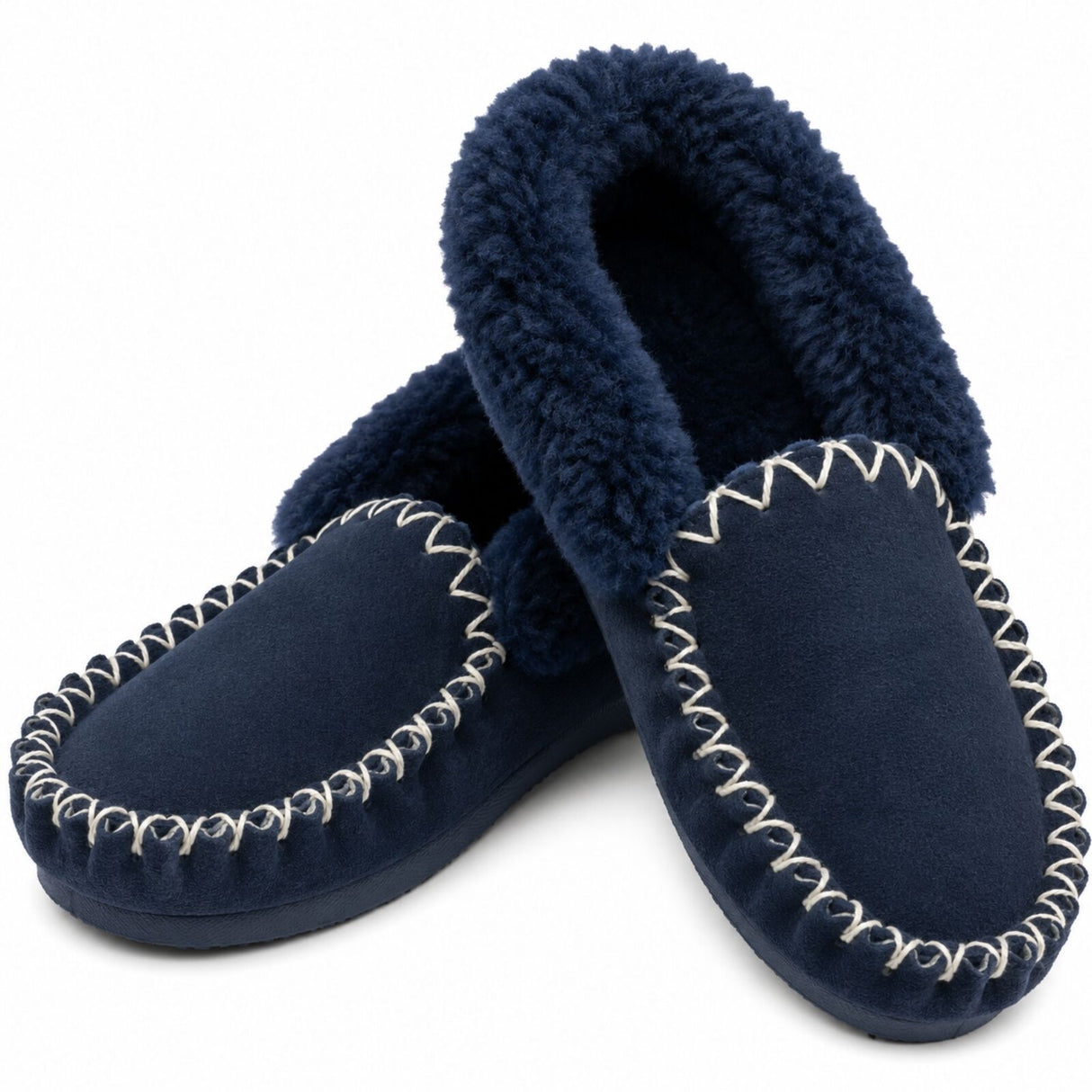 Sheepskin Merino Wool Moccasins - Navy (Slip On Closed Slippers for Winter)