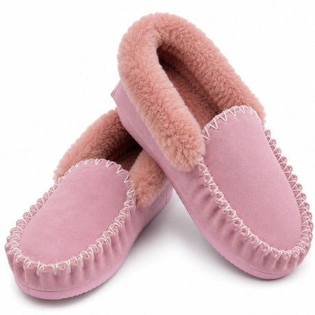 Sheepskin Merino Wool Moccasins - Pink (Slip On Closed Slippers for Winter)
