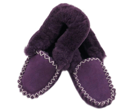 Sheepskin Merino Wool Moccasins - Purple (Slip On Closed Slippers for Winter)