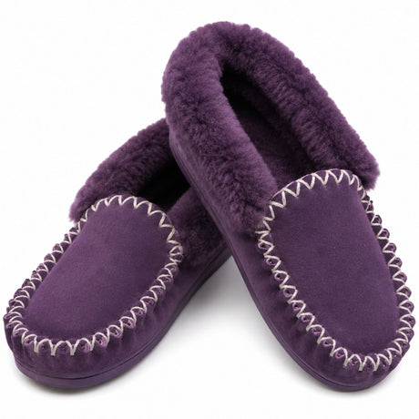 Sheepskin Merino Wool Moccasins - Purple (Slip On Closed Slippers for Winter)