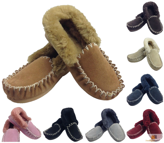 100% Sheepskin Moccasins Slippers Winter Casual Genuine Slip On UGG Non-Slip - Beige (Sand)