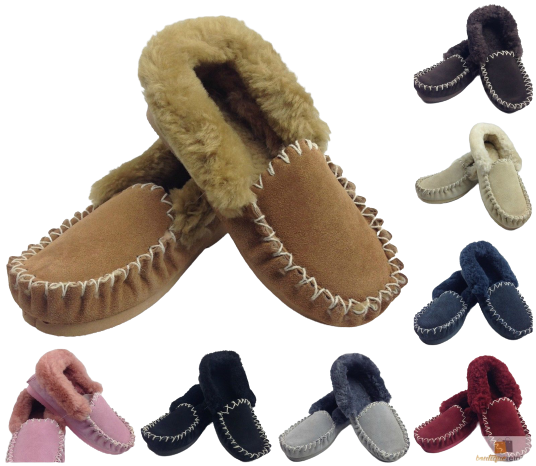 Sheepskin Merino Wool Moccasins Slippers Winter Casual Genuine Slip On UGG Non-Slip - Beige (Sand)