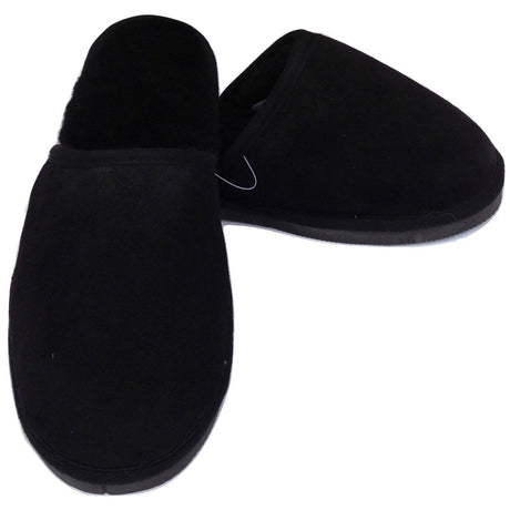 100% Sheepskin Moccasin Slippers Winter Genuine Scuffs Slip On Mens Womens - Black (with fur)