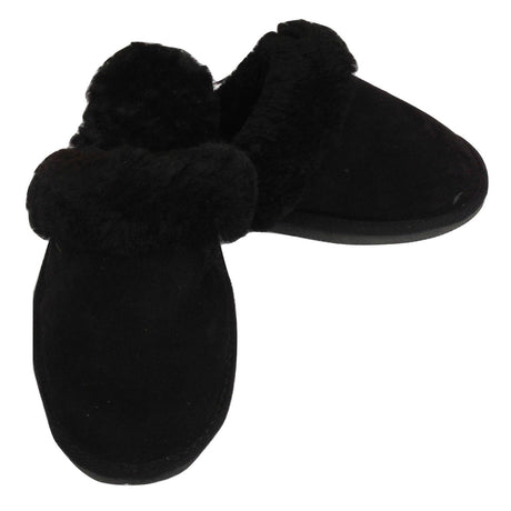 100% Sheepskin Moccasin Slippers Winter Genuine Scuffs Slip On Mens Womens - Black (with fur)