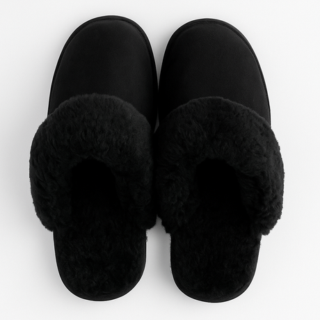 100% Sheepskin Wool Womens Black Slippers (Slip On Winter UGG Scuffs)