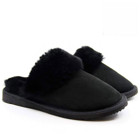 100% Sheepskin Wool Womens Black Slippers (Slip On Winter UGG Scuffs)