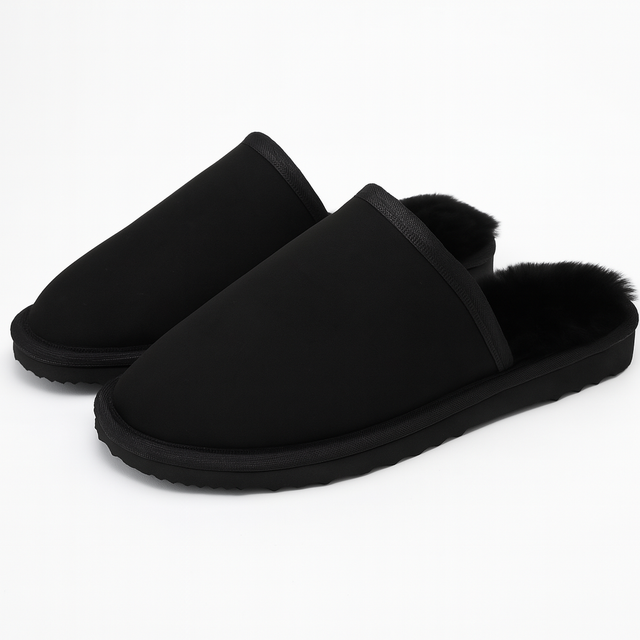 Sheepskin Wool Mens Slippers Scuffs Slip On Winter Ugg Slippers in Black - 9