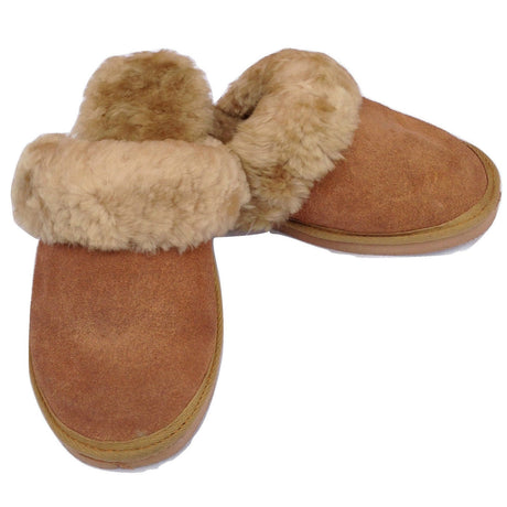100% Sheepskin Moccasin Slippers Winter Genuine Scuffs Slip On Mens Womens - Chestnut (with fur)