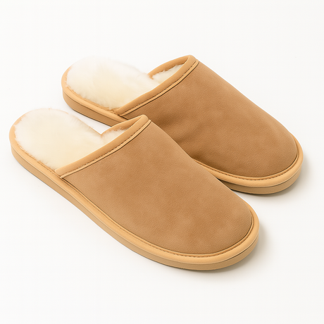 Sheepskin Wool Mens Slippers Scuffs Slip On Winter Ugg Slippers in Chestnut