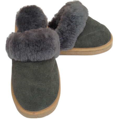 100% Sheepskin Moccasin Slippers Winter Genuine Scuffs Slip On Mens Womens - Grey (with fur)