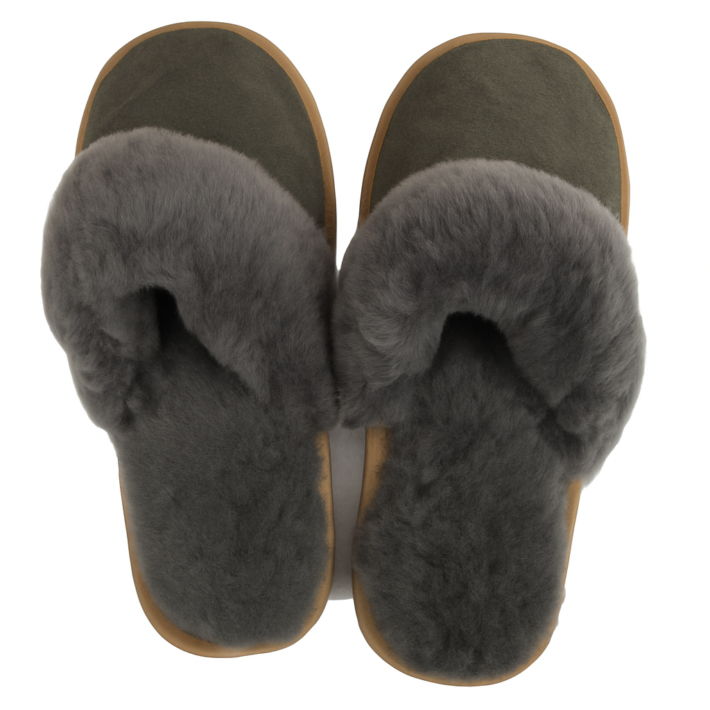 Sheepskin Wool Womens Slippers Scuffs Slip On Winter Ugg Slippers in Grey