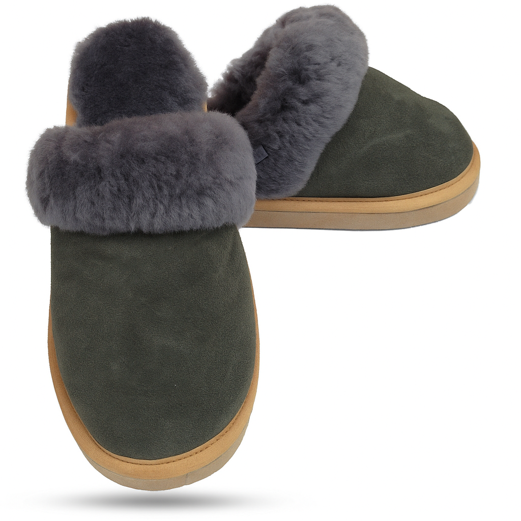 Sheepskin Wool Womens Slippers Scuffs Slip On Winter Ugg Slippers in Grey