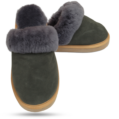 Sheepskin Wool Womens Slippers Scuffs Slip On Winter Ugg Slippers in Grey