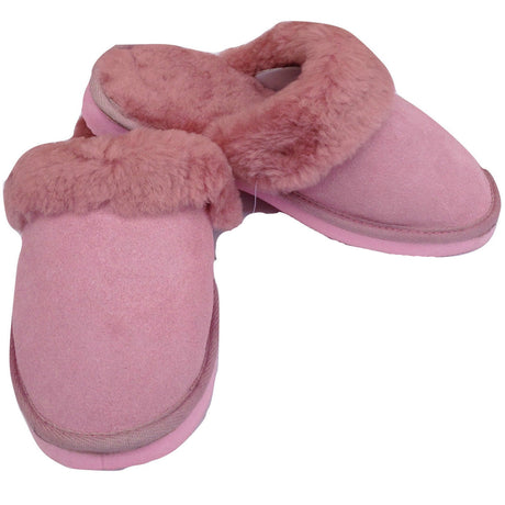 100% Sheepskin Moccasin Slippers Winter Genuine Scuffs Slip On Mens Womens - Pink (with fur)