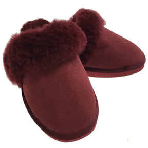 Sheepskin Wool Womens Slippers Scuffs Slip On Winter Ugg Slippers in Burgundy/Red