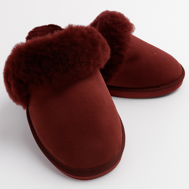 Sheepskin Wool Womens Slippers Scuffs Slip On Winter Ugg Slippers in Burgundy/Red