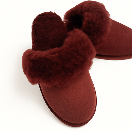 Sheepskin Wool Womens Slippers Scuffs Slip On Winter Ugg Slippers in Burgundy/Red