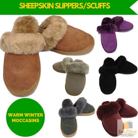 100% Sheepskin Moccasin Slippers Winter Genuine Scuffs Slip On Mens Womens - Beige (with fur)