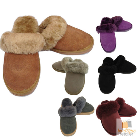 100% Sheepskin Moccasin Slippers Winter Genuine Scuffs Slip On Mens Womens - Beige (with fur)