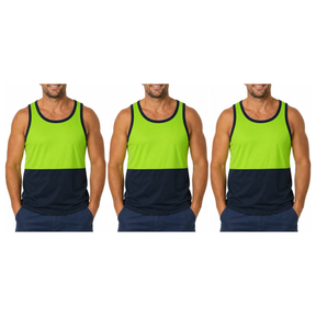 3x HI VIS Singlet/Tank Top Pack - Lime/Navy (High Visibility Fluro Safety Workwear)