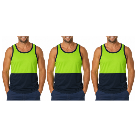 3x HI VIS Singlet/Tank Top Pack - Lime/Navy (High Visibility Fluro Safety Workwear)