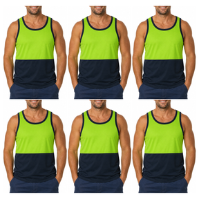 6x HI VIS Singlet/Tank Top Bulk Pack - Lime/Navy (High Visibility Fluro Safety Workwear)