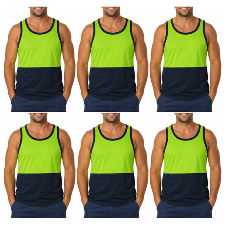 6x HI VIS Singlet/Tank Top Bulk Pack - Lime/Navy (High Visibility Fluro Safety Workwear)