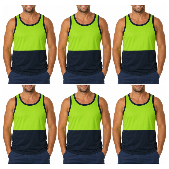 6x HI VIS Singlet/Tank Top Bulk Pack - Lime/Navy (High Visibility Fluro Safety Workwear)