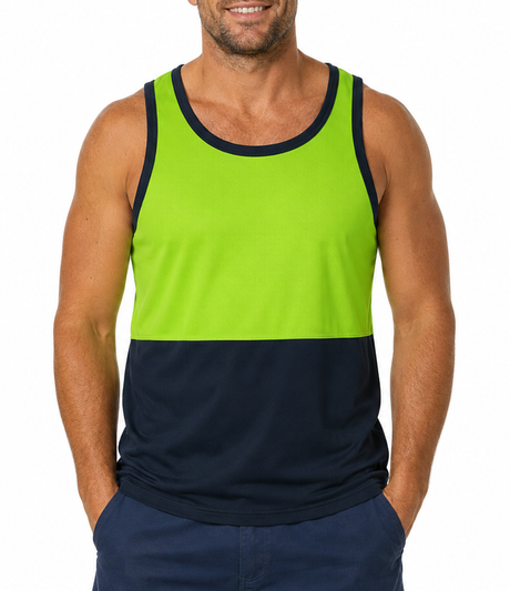 HI VIS Singlet/Tank Top - Lime/Navy (High Visibility Fluro Safety Workwear)
