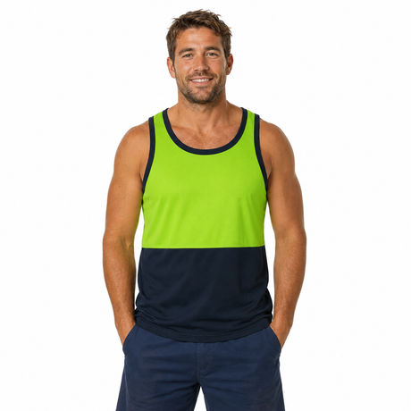 HI VIS Singlet/Tank Top - Lime/Navy (High Visibility Fluro Safety Workwear)