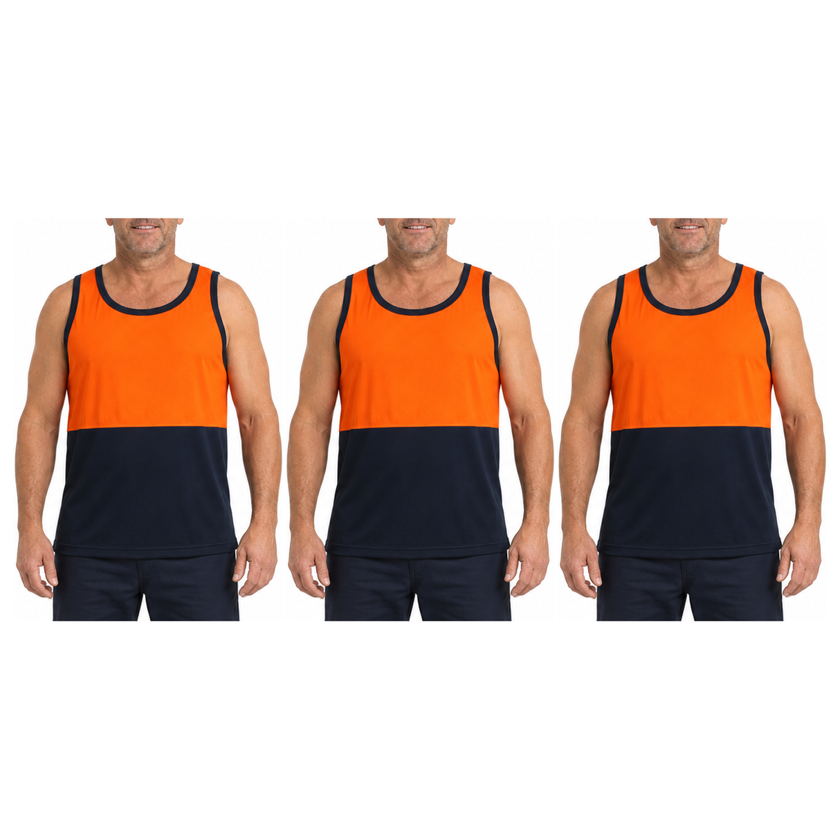 3x HI VIS Singlet/Tank Top Pack - Orange/Navy (High Visibility Fluro Safety Workwear)