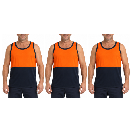 3x HI VIS Singlet/Tank Top Pack - Orange/Navy (High Visibility Fluro Safety Workwear)