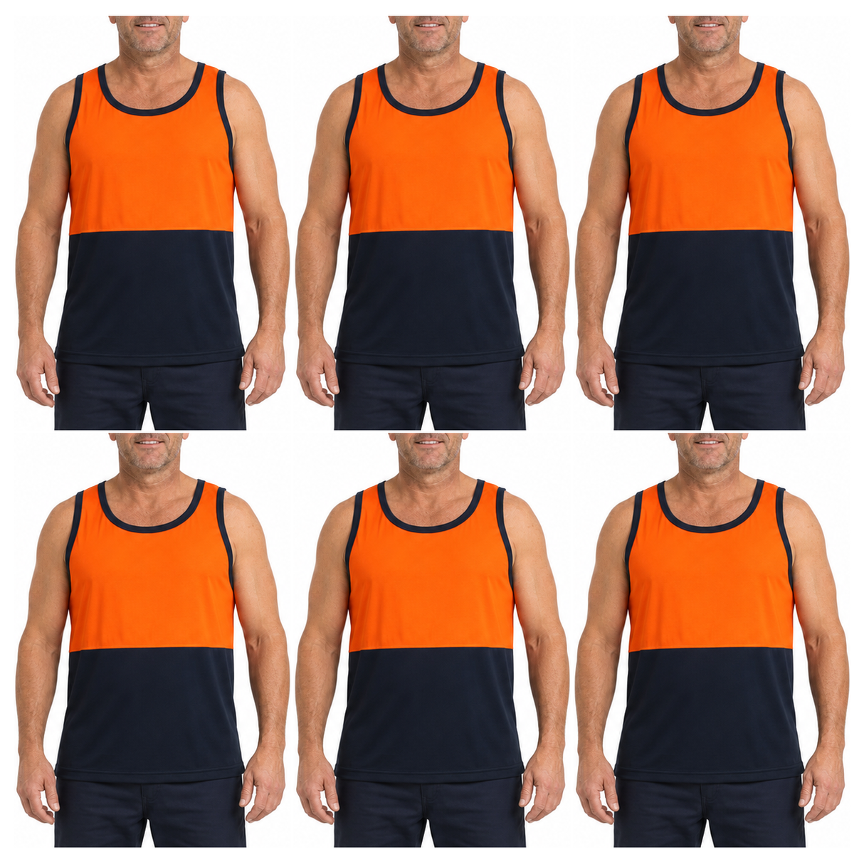 6x HI VIS Singlet/Tank Top Bulk Pack - Orange/Navy (High Visibility Fluro Safety Workwear)
