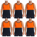 6x HI VIS Singlet/Tank Top Bulk Pack - Orange/Navy (High Visibility Fluro Safety Workwear)