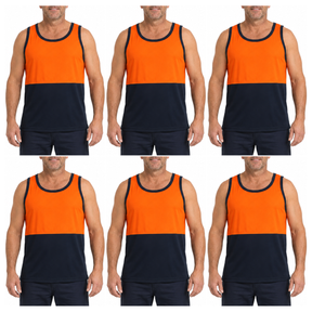 6x HI VIS Singlet/Tank Top Bulk Pack - Orange/Navy (High Visibility Fluro Safety Workwear)